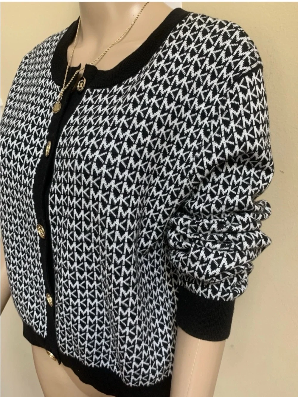 Michael Kors Black Trim & White Monogram Gold Buttons Knit Button-Up Cardigan XL